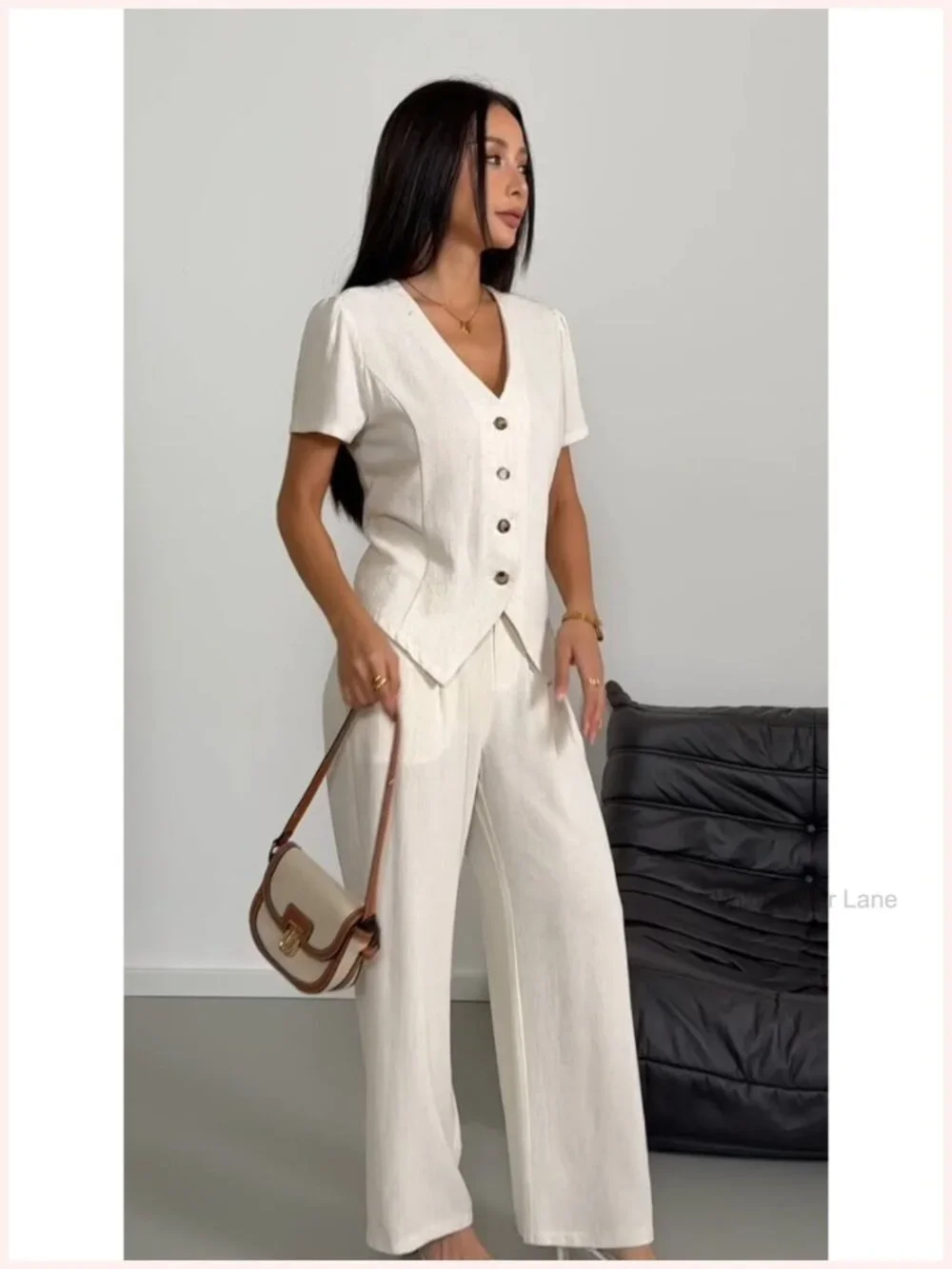 Women's Linen 2 Piece Outfit V Neck Short Sleeve Button Down Top Wide Leg Pant